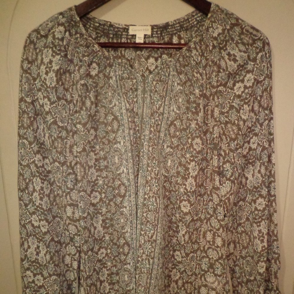 Garnet Hill Bohemian Bishop Blouse XS 100% Silk Semi Sheer Raglan Long Sleeves